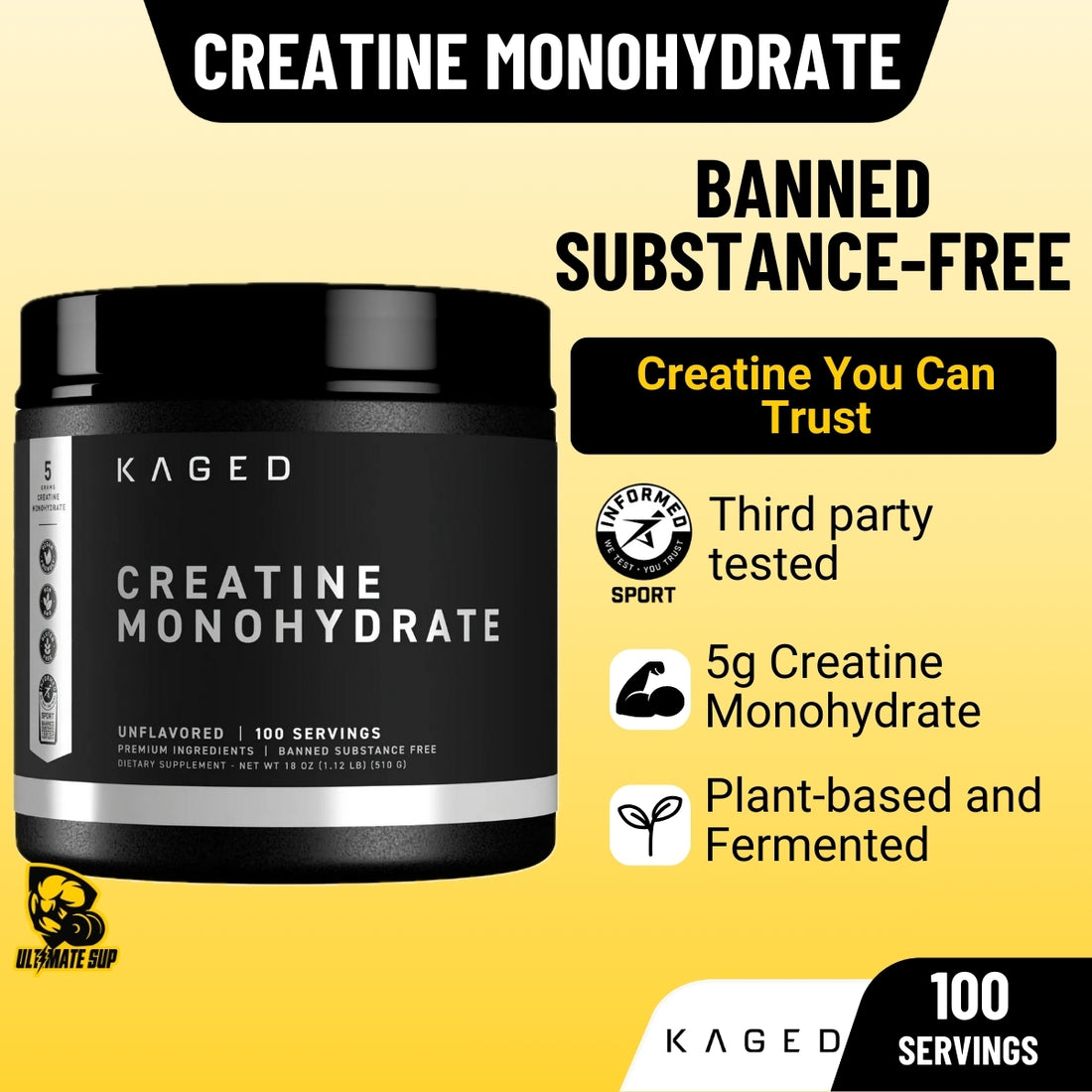 Kaged Creatine Monohydrate, Informed-Sport Certified, Build Muscle, Increase Strength 100 servings - Ultimate Sup Singapore