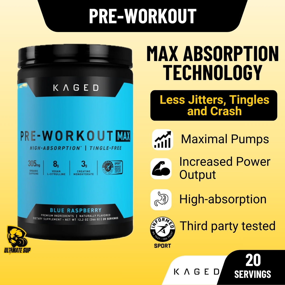 Kaged Pre-Workout Max, High-Absorption Technology, Maximal Pumps, Tingle-Free 20 servings - Ultimate Sup Singapore