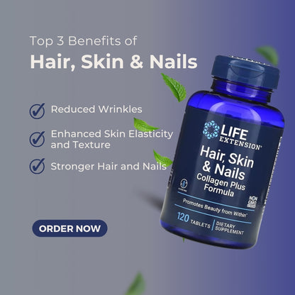 Life Extension, Hair, Skin And Nails, Collagen Plus Formula, Enhance Skin, Hair And Nail Support, 120 Tablets - Ultimate Sup Singapore