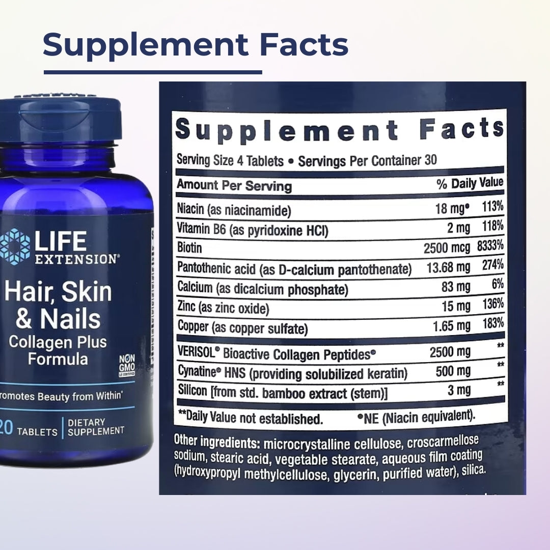 Life Extension, Hair, Skin And Nails, Collagen Plus Formula, Enhance Skin, Hair And Nail Support, 120 Tablets - Ultimate Sup Singapore