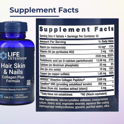 Life Extension, Hair, Skin And Nails, Collagen Plus Formula, Enhance Skin, Hair And Nail Support, 120 Tablets - Ultimate Sup Singapore
