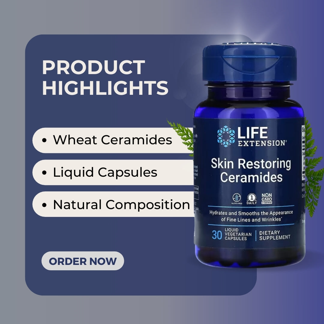 Life Extension, Skin Restoring Ceramides, Skin Hydration, Reduce Wrinkle, Gluten Free, 30 Liquid Vegetarian Capsules - Ultimate Sup Singapore