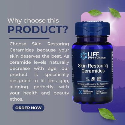 Life Extension, Skin Restoring Ceramides, Skin Hydration, Reduce Wrinkle, Gluten Free, 30 Liquid Vegetarian Capsules - Ultimate Sup Singapore