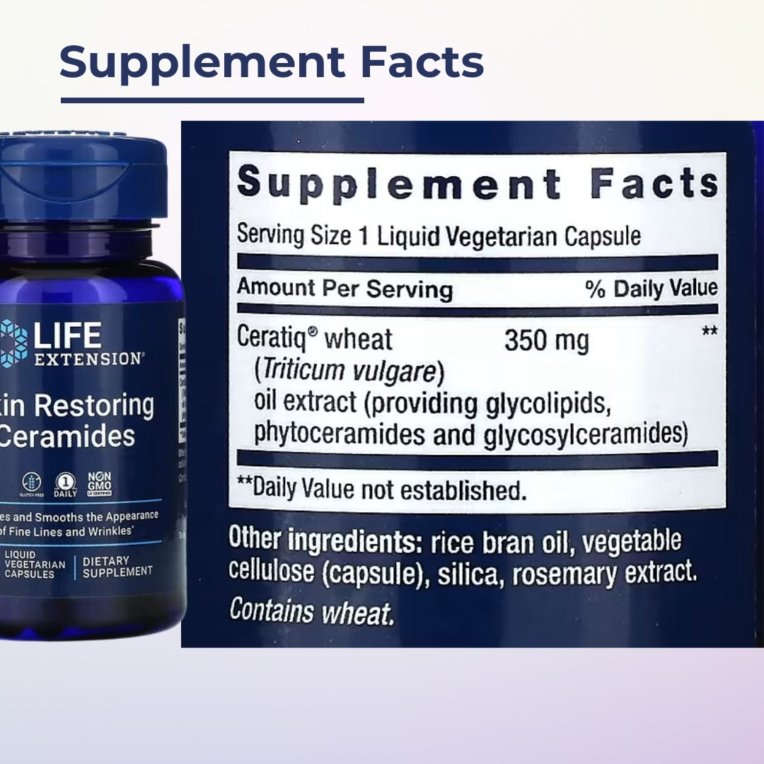 Life Extension, Skin Restoring Ceramides, Skin Hydration, Reduce Wrinkle, Gluten Free, 30 Liquid Vegetarian Capsules - Ultimate Sup Singapore