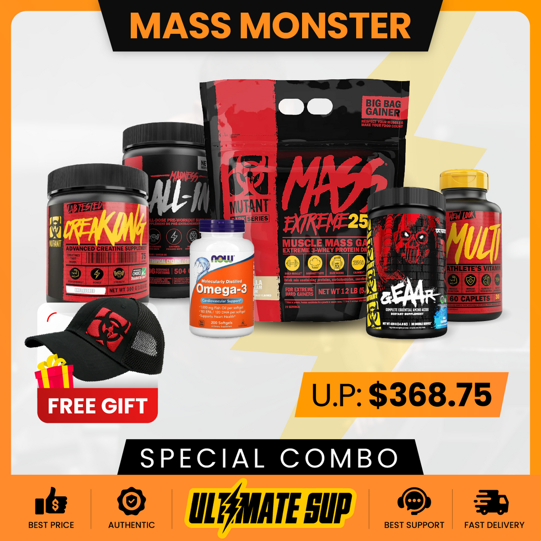 Combo MASS MONSTER, Mutant Mass Extreme 12lbs + CreaKong 300g + Madness 504g + Geaar 378g +  Multi 60caps + Omega 3 200s - Ultimate Sup Singapore