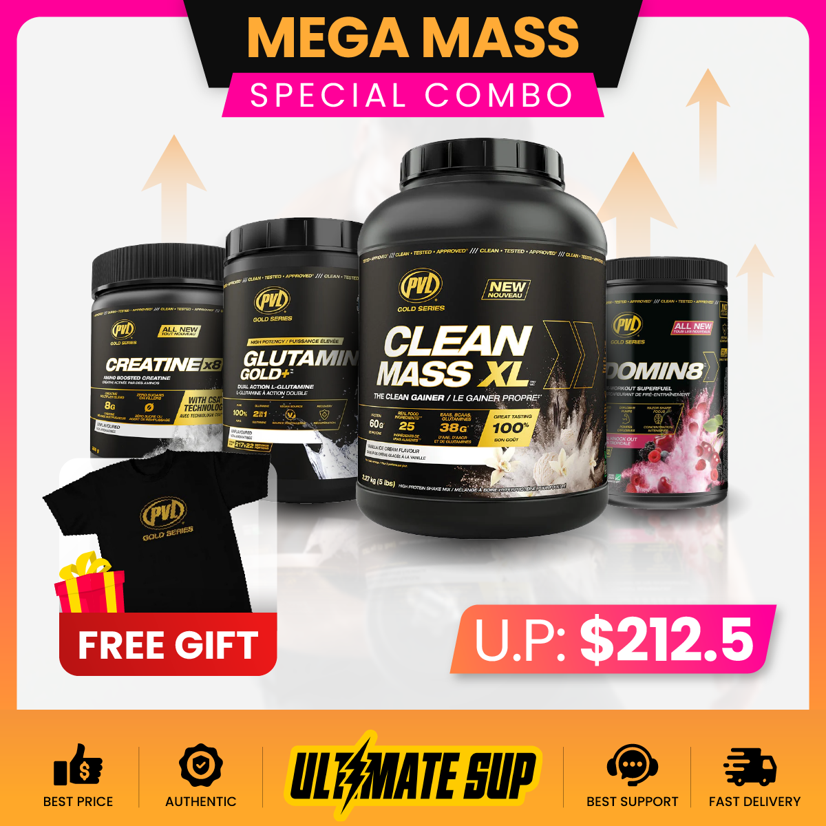 Combo MEGA MASS BUNDLE, PVL Clean Mass XL 5lb + PVL Creatine X8 + PVL Glutamine Gold + Domin8 520g, Mass Gain - Ultimate Sup Singapore