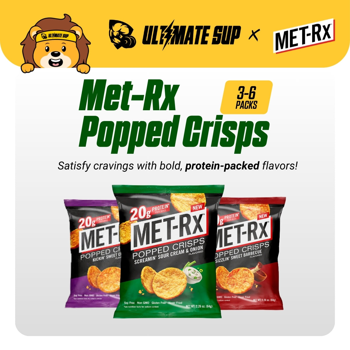 Met-Rx Popped Protein Crisps, Protein Chip, 20g protein, Non GMO, Gluten Free 6pcs - Ultimate Sup Singapore