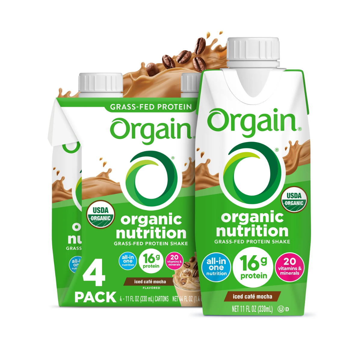 Orgain, Organic Nutrition, Nutritional Shake, Grass-Fed Protein, Vegan, 4 Pack, 11 fl oz - Ultimate Sup Singapore