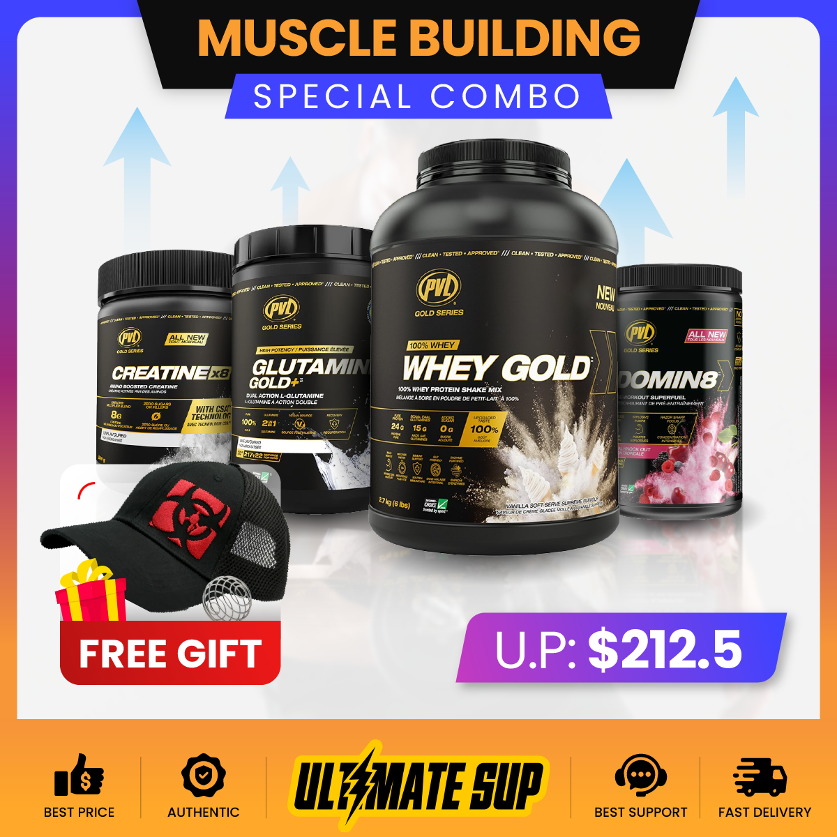 Combo MUSCLE BUIDLING STACK, PVL Whey Gold 6lb + PVL Creatine X8 + PVL Glutamine Gold + Domin8 520g, Build Muscle - Ultimate Sup Singapore