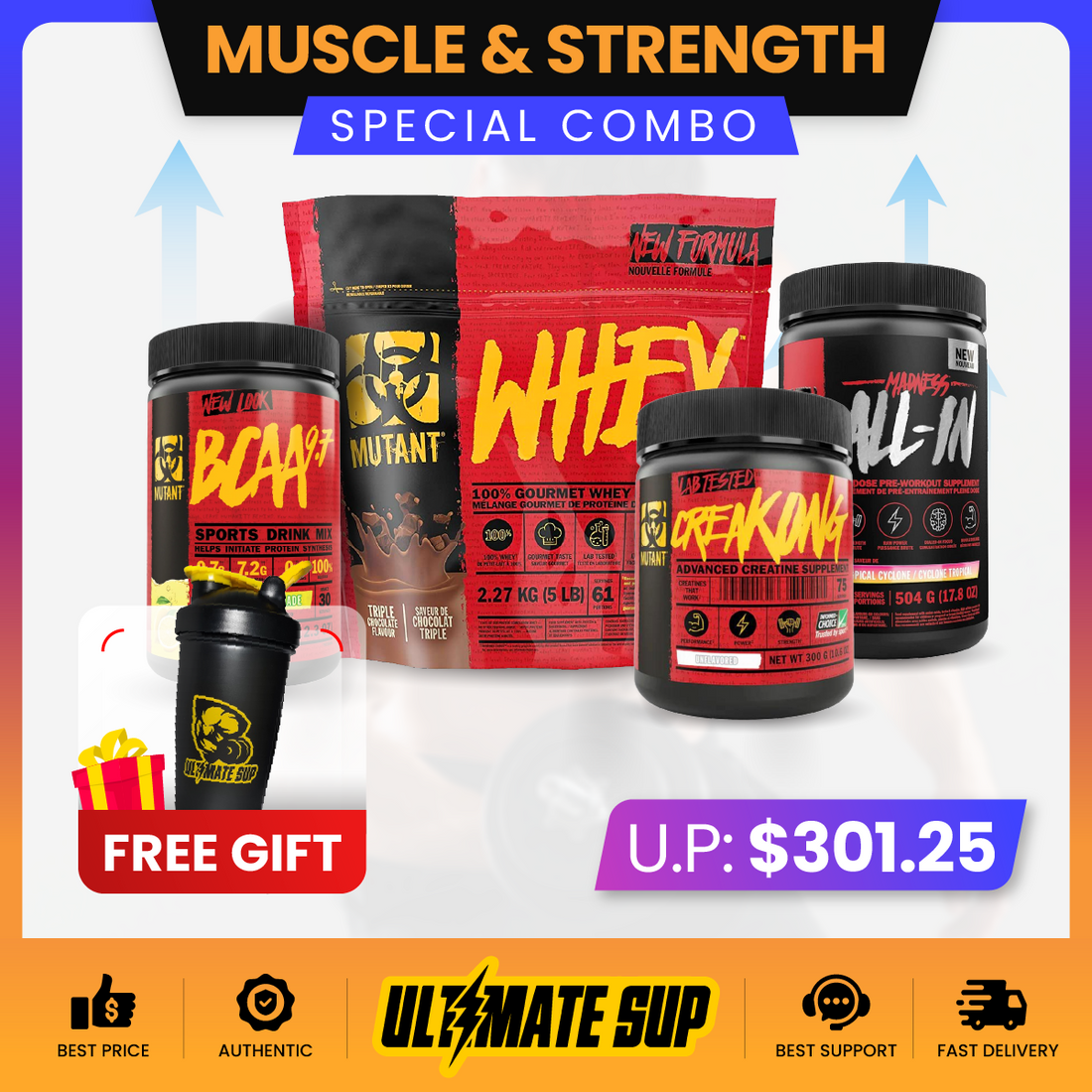 Combo MUSCLE & STRENGTH STACK, Mutant Whey 5lb + Creakong 300g + Mutant BCAA 9.7+ Mutant Madness 504g, Increase Strength - Ultimate Sup Singapore