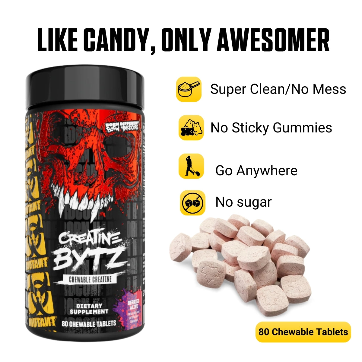 Mutant Creatine Bytz Chewable Tablets, Maximum Convenience, No Sugar, No Mess, No Chalky 80 tablets - Ultimate Sup Singapore