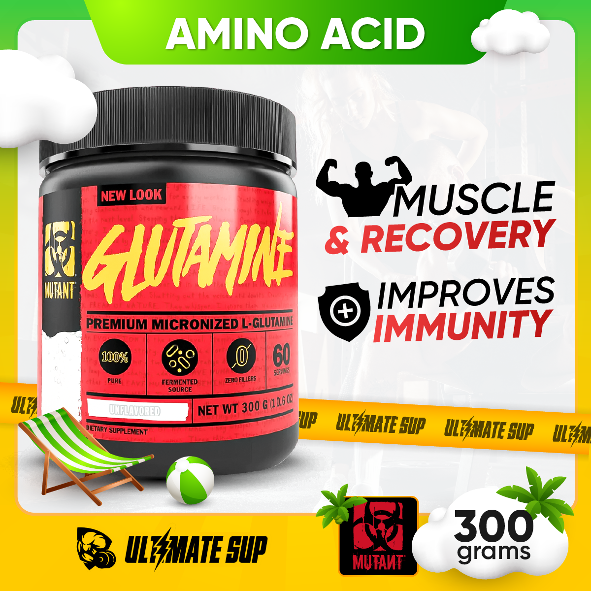 Mutant GLUTAMINE, Muscle Support, Unflavored, 300 g - Ultimate Sup Singapore