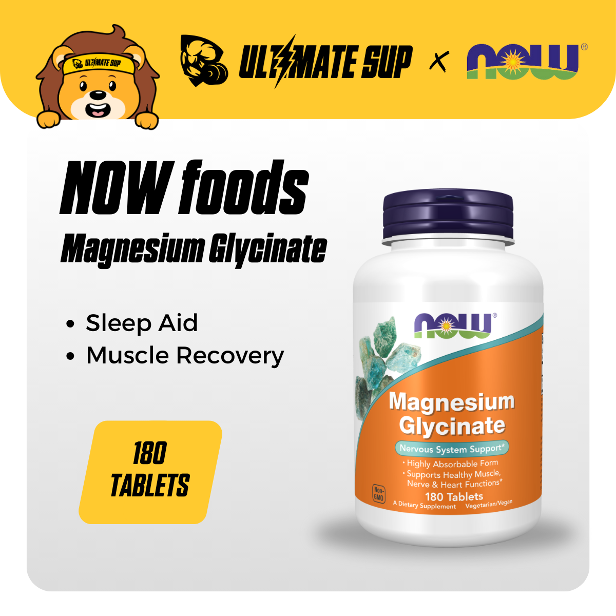NOW Foods, Magnesium Glycinate, 180 Tablets - Ultimate Sup Singapore