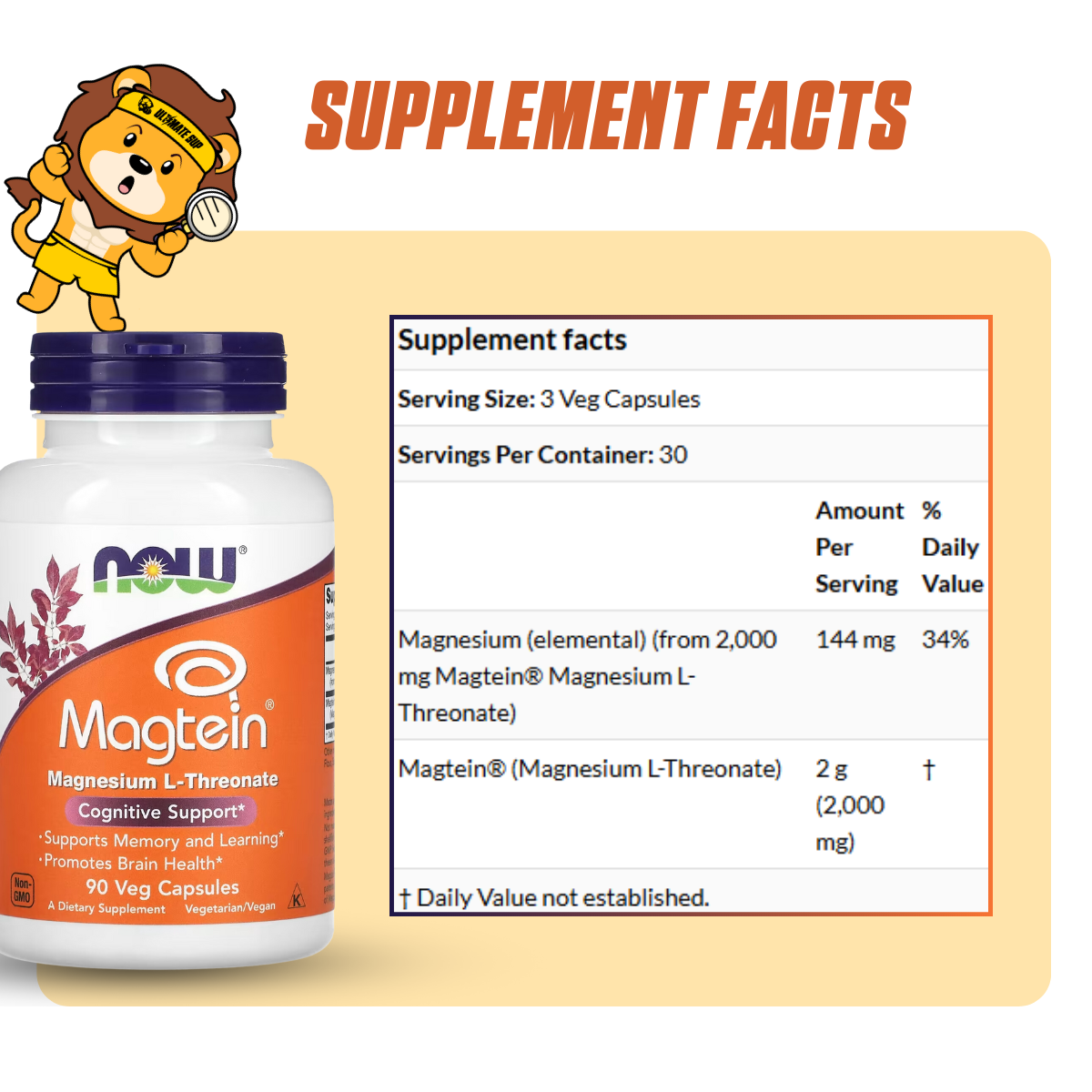 NOW Foods, Magtein, Magnesium L-Threonate, 90 Veg Capsules - Ultimate Sup Singapore
