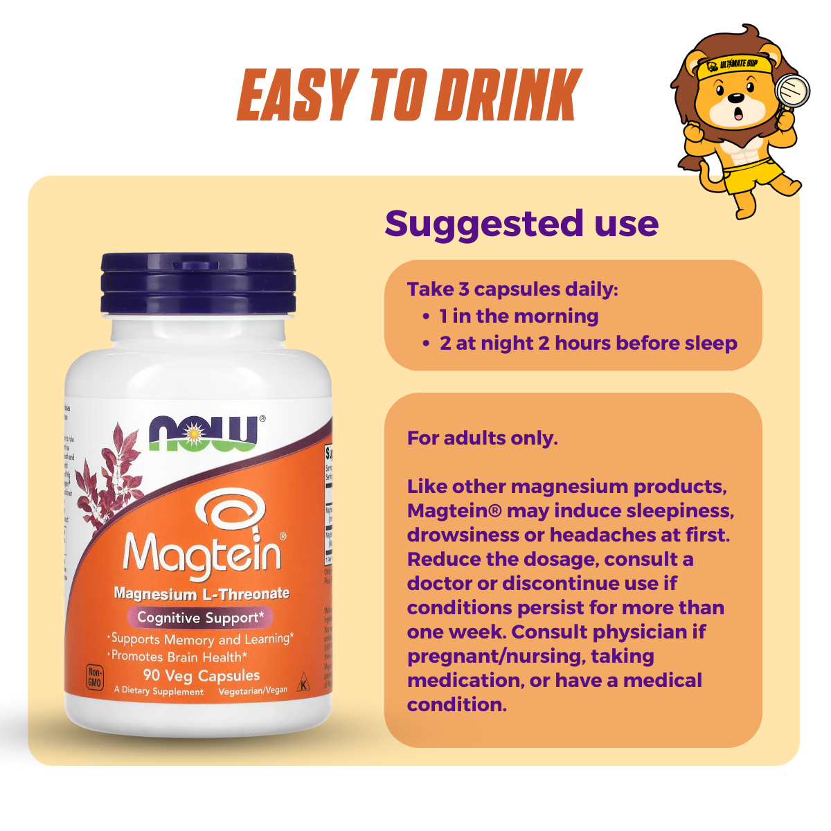 NOW Foods, Magtein, Magnesium L-Threonate, 90 Veg Capsules - Ultimate Sup Singapore