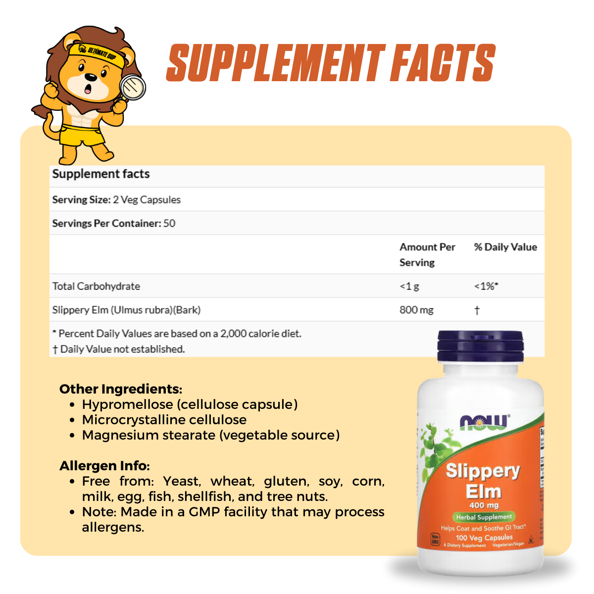NOW Foods, Slippery Elm, 400 mg, 100 Veg Capsules - Ultimate Sup Singapore