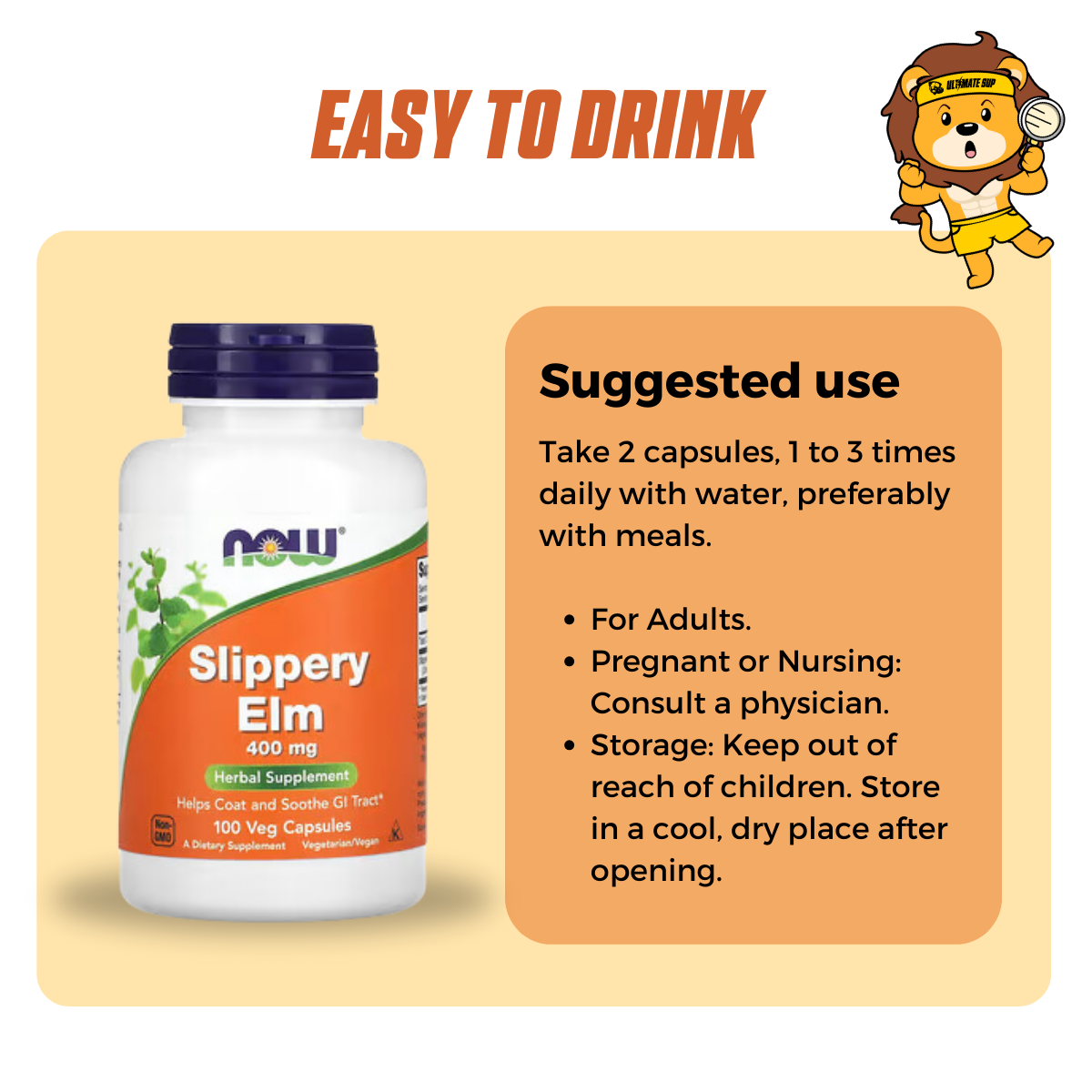 NOW Foods, Slippery Elm, 400 mg, 100 Veg Capsules - Ultimate Sup Singapore