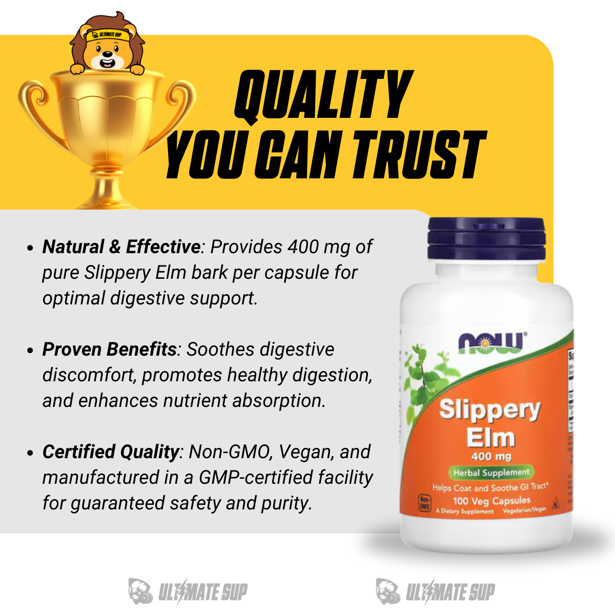 NOW Foods, Slippery Elm, 400 mg, 100 Veg Capsules - Ultimate Sup Singapore