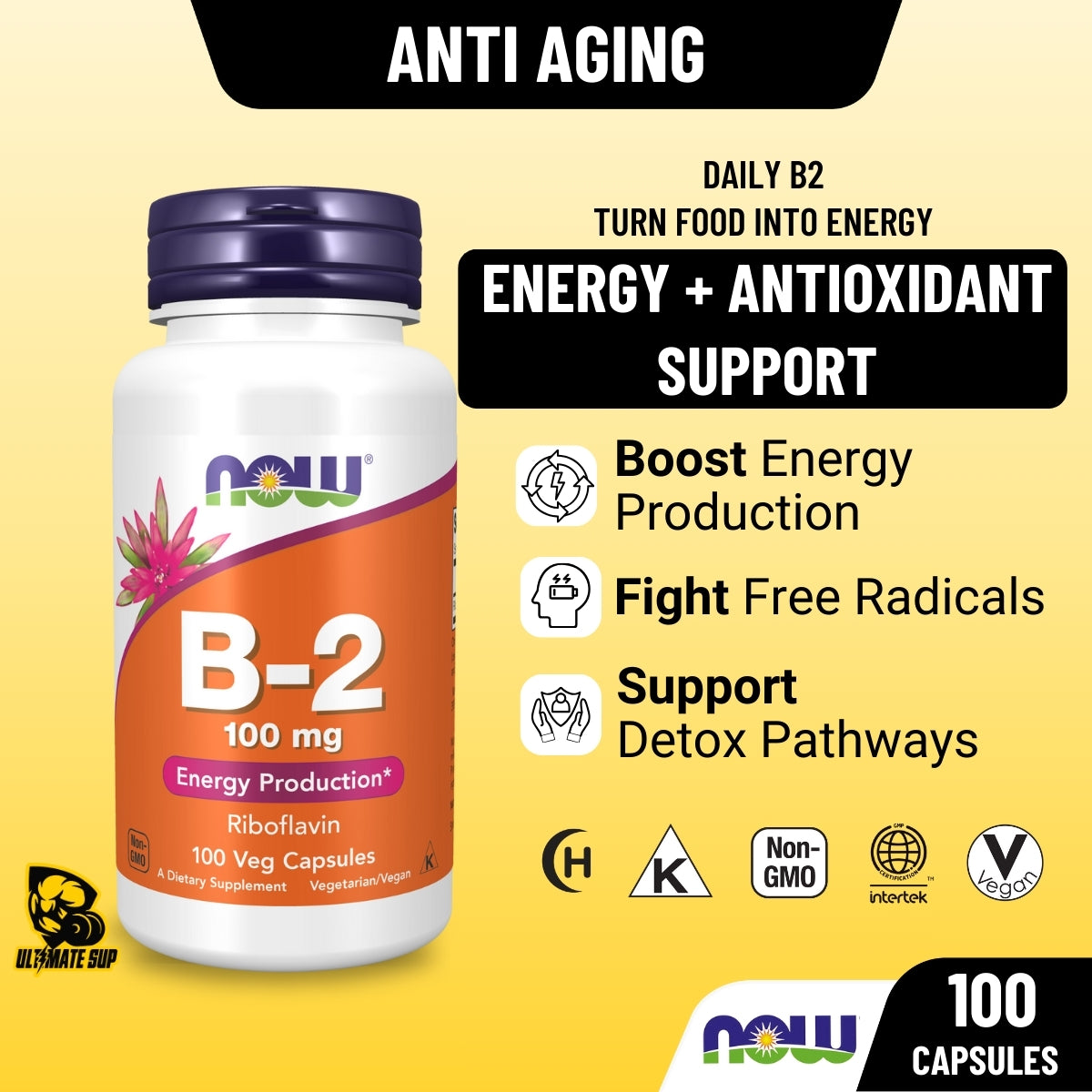 NOW Foods, Vitamin B-2, Supports Energy Metabolism & Antioxidant, 100mg,100 Veg Capsules - Ultimate Sup Singapore