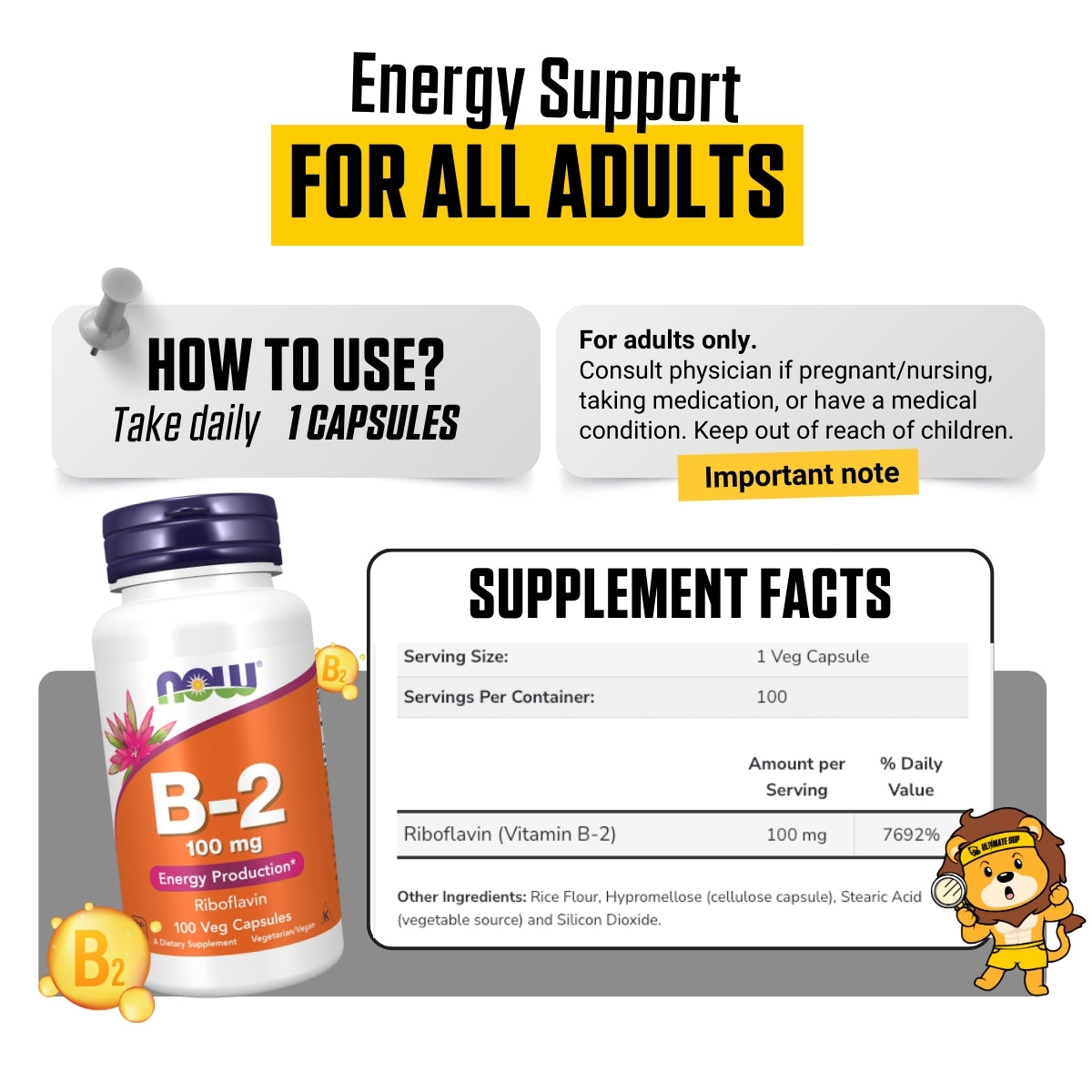 NOW Foods, Vitamin B-2, Supports Energy Metabolism & Antioxidant, 100mg,100 Veg Capsules - Ultimate Sup Singapore
