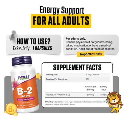 NOW Foods, Vitamin B-2, Supports Energy Metabolism & Antioxidant, 100mg,100 Veg Capsules - Ultimate Sup Singapore