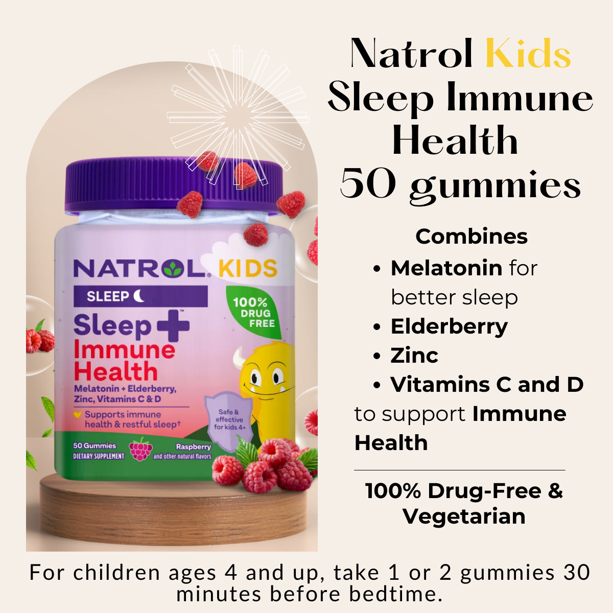 Natrol Kids Melatonin, Ages 4+, Sleep Calm, Kids Sleep + Immune Health, Helps Establish Sleep Patterns | Berry Flavor | 50 - 90 Gummies - Ultimate Sup Singapore