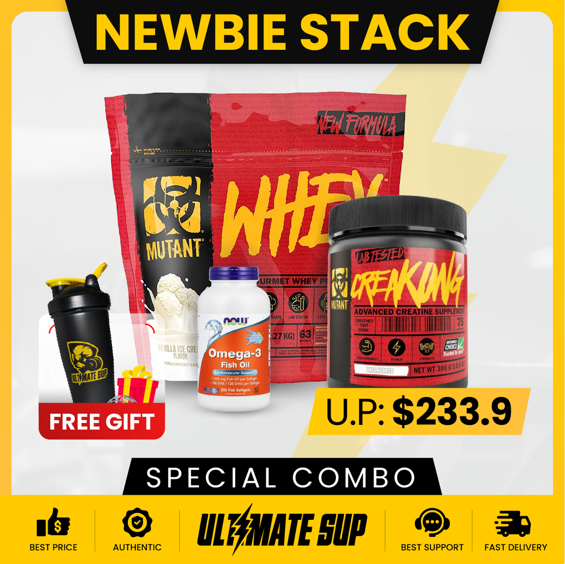 Combo NEWBIE STACK, Mutant Whey 5lb + CreaKong 300g + Omega 3 200s, Build Muscle & Muscle Recovery, Increase Strength - Ultimate Sup Singapore