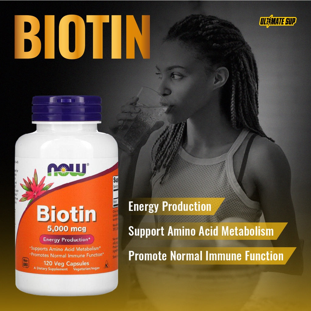 Now Foods Biotin, 5000mcg /10000mcg, Extra Strength, Support Amino Acid Metabolism, Dietary Supplement, Vegan, 120 Capsules - Ultimate Sup Singapore