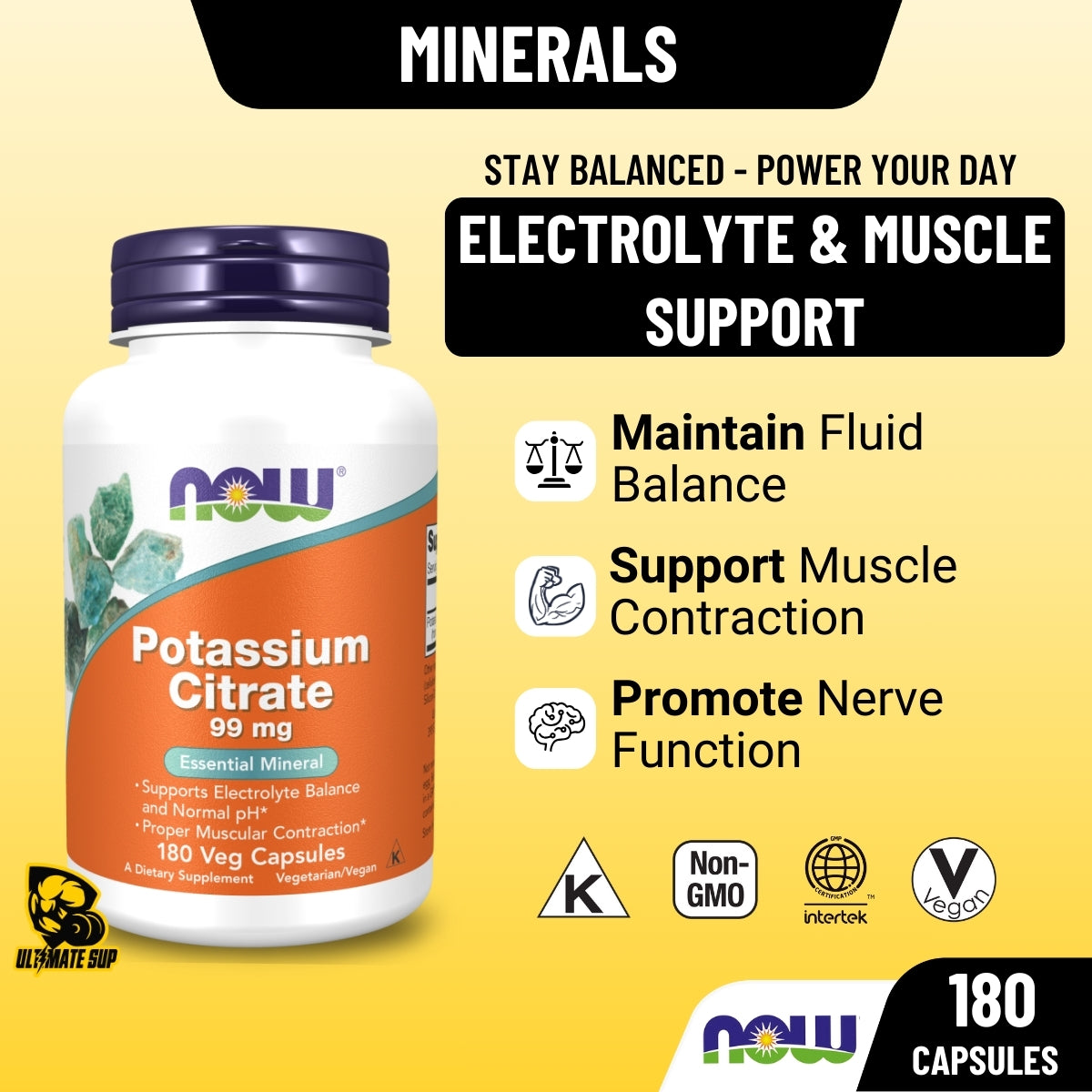 Now Foods, Potassium Citrate, Hydration & Electrolyte Support, pH Balance, 180 Veg Caps - Ultimate Sup Singapore
