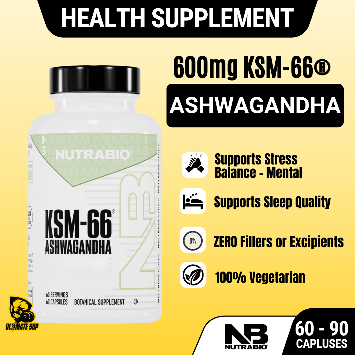 NUTRABIO KSM-66 Ashwagandha 600mg Stress Balance & Recovery Support 60 - 90 Capsules