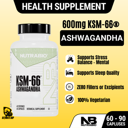 NUTRABIO KSM-66 Ashwagandha 600mg Stress Balance & Recovery Support 60 - 90 Capsules