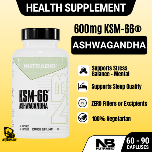 NUTRABIO KSM-66 Ashwagandha 600mg Stress Balance & Recovery Support 60 - 90 Capsules