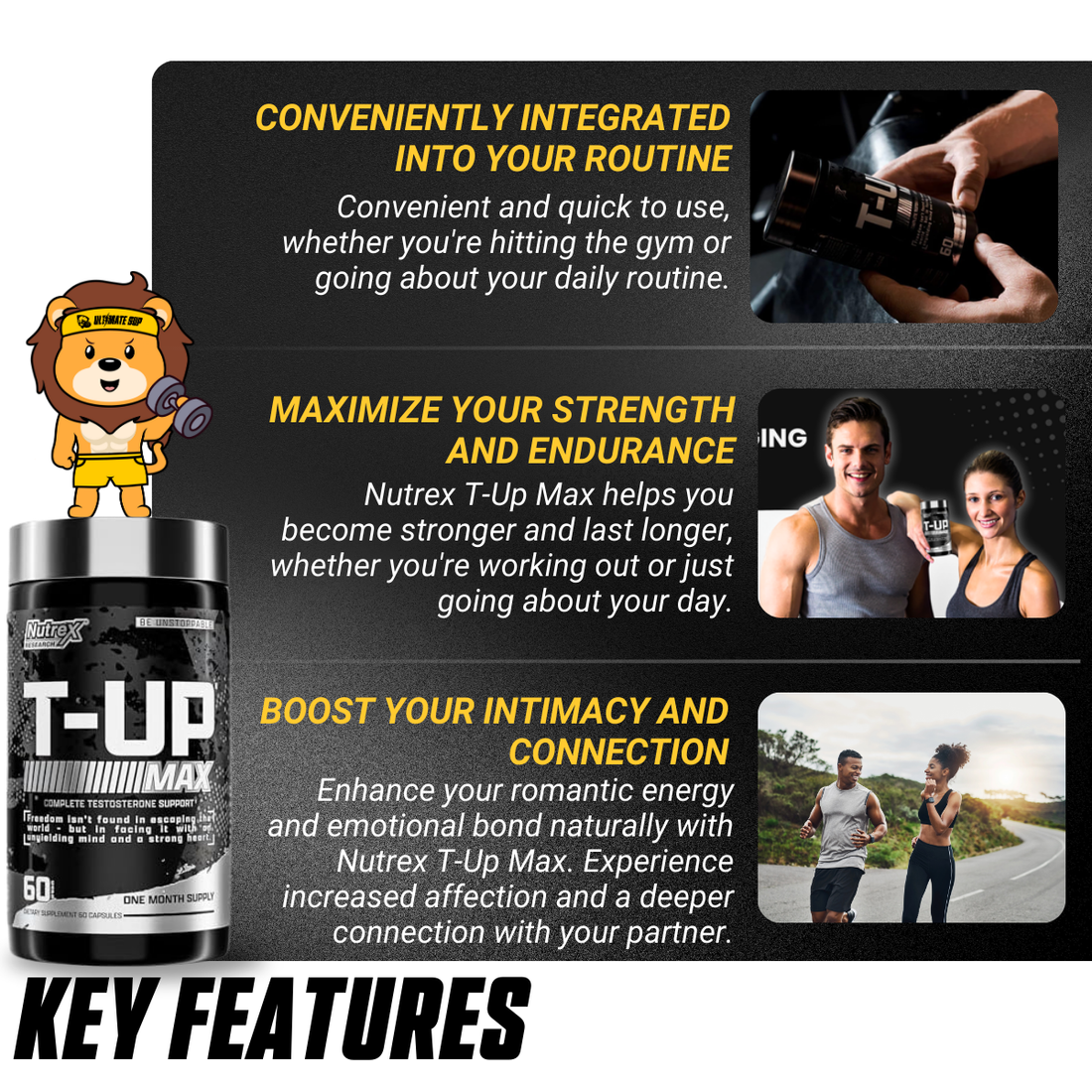 Nutrex T-Up, Raise Total Testosterone Build More Muscle, Supplement, Zinc, B6, B12, 60 Capsules - Ultimate Sup Singapore