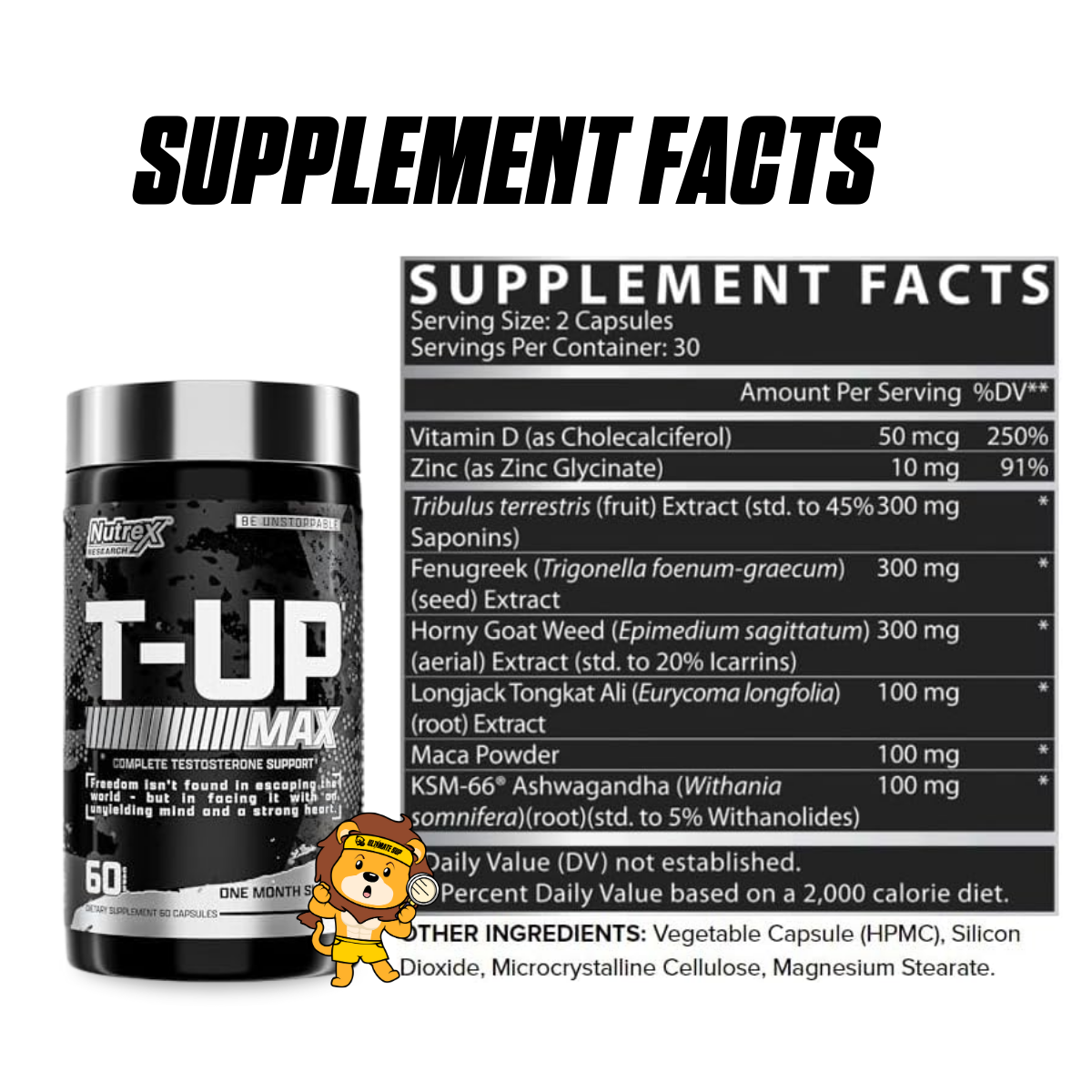 Nutrex T-Up, Raise Total Testosterone Build More Muscle, Supplement, Zinc, B6, B12, 60 Capsules - Ultimate Sup Singapore