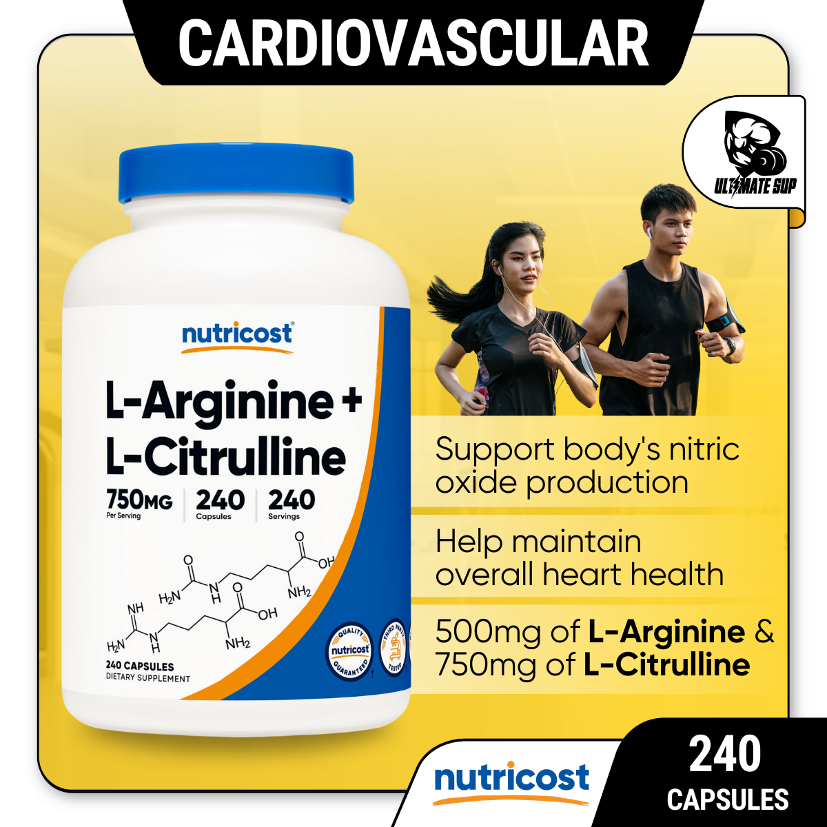 Nutricost, L-Arginine + L-Citrulline, 240 Capsules - Ultimate Sup Singapore
