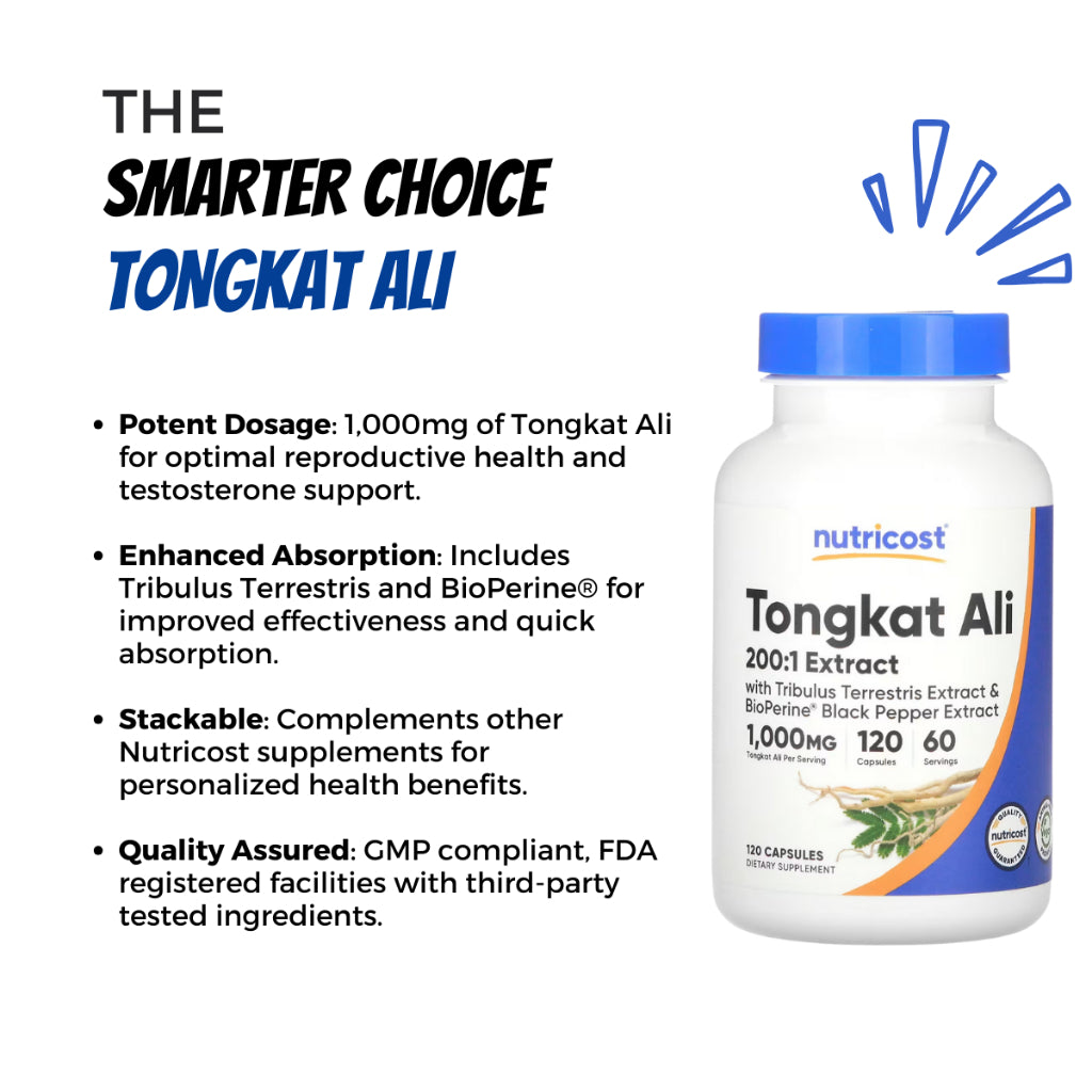 Nutricost, Tongkat Ali, 1,000 mg, 120 Capsules (500 mg per Capsule) - Ultimate Sup Singapore