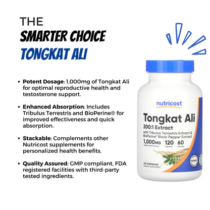 Nutricost, Tongkat Ali, 1,000 mg, 120 Capsules (500 mg per Capsule) - Ultimate Sup Singapore