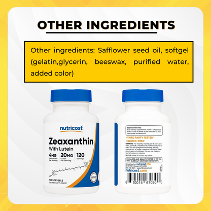 Nutricost, Zeaxanthin With Lutein, Eye Vitamins, Eye Health Support, Non-GMO, Gluten Free, 20mg, 120 Softgel - Ultimate Sup Singapore