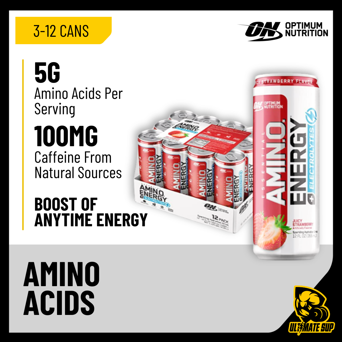 Optimum Nutrition, Amino Energy Drink, 3-12cans - Ultimate Sup Singapore