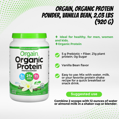 Orgain Organic Plant Based Protein Powder, Vanilla Bean - Vegan, Low Net Carbs, Non Dairy, Gluten Free, Lactose Free, No Sugar Added, Soy Free, Kosher, Non-GMO, 1.02 - 2.03lbs, 10-20 servings - Ultimate Sup Singapore