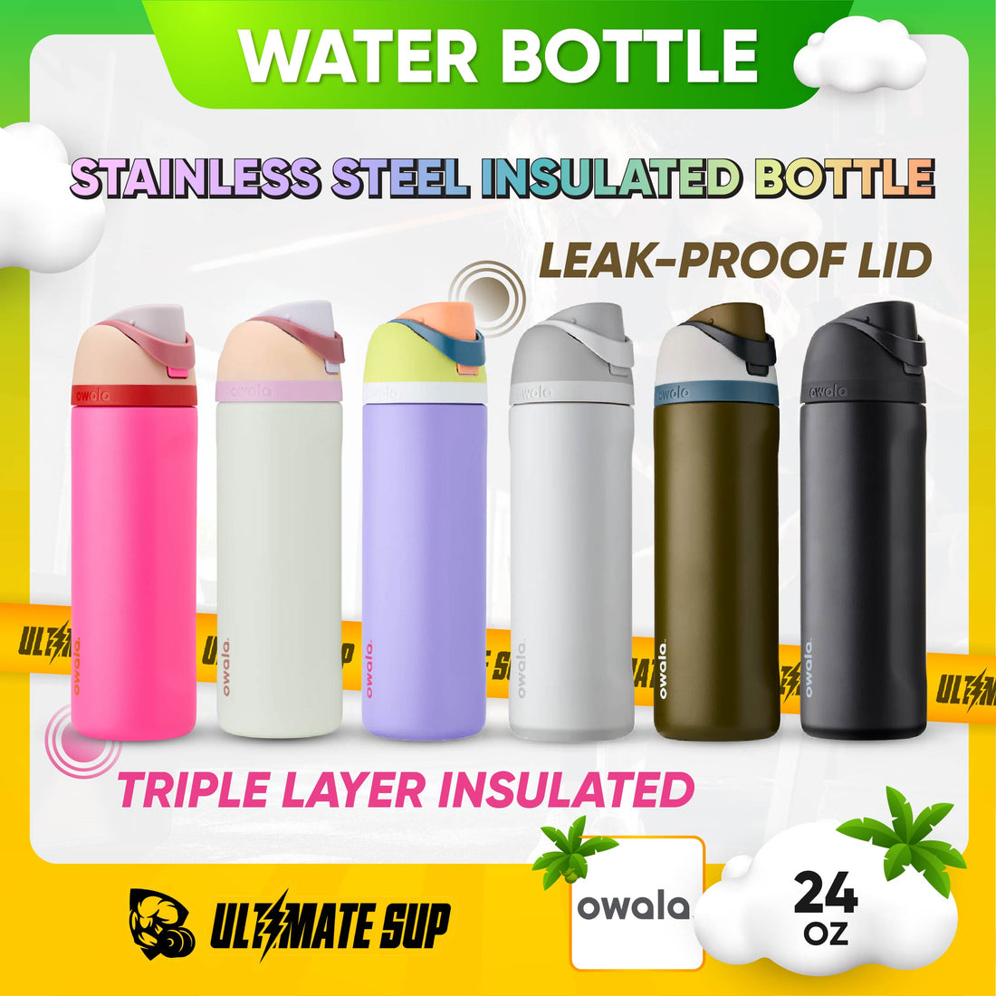 Owala, FreeSip Insulated Stainless Steel Blender Bottle w Locking Push Button Lid, 19oz - 24oz - 32oz - 40oz - Ultimate Sup Singapore