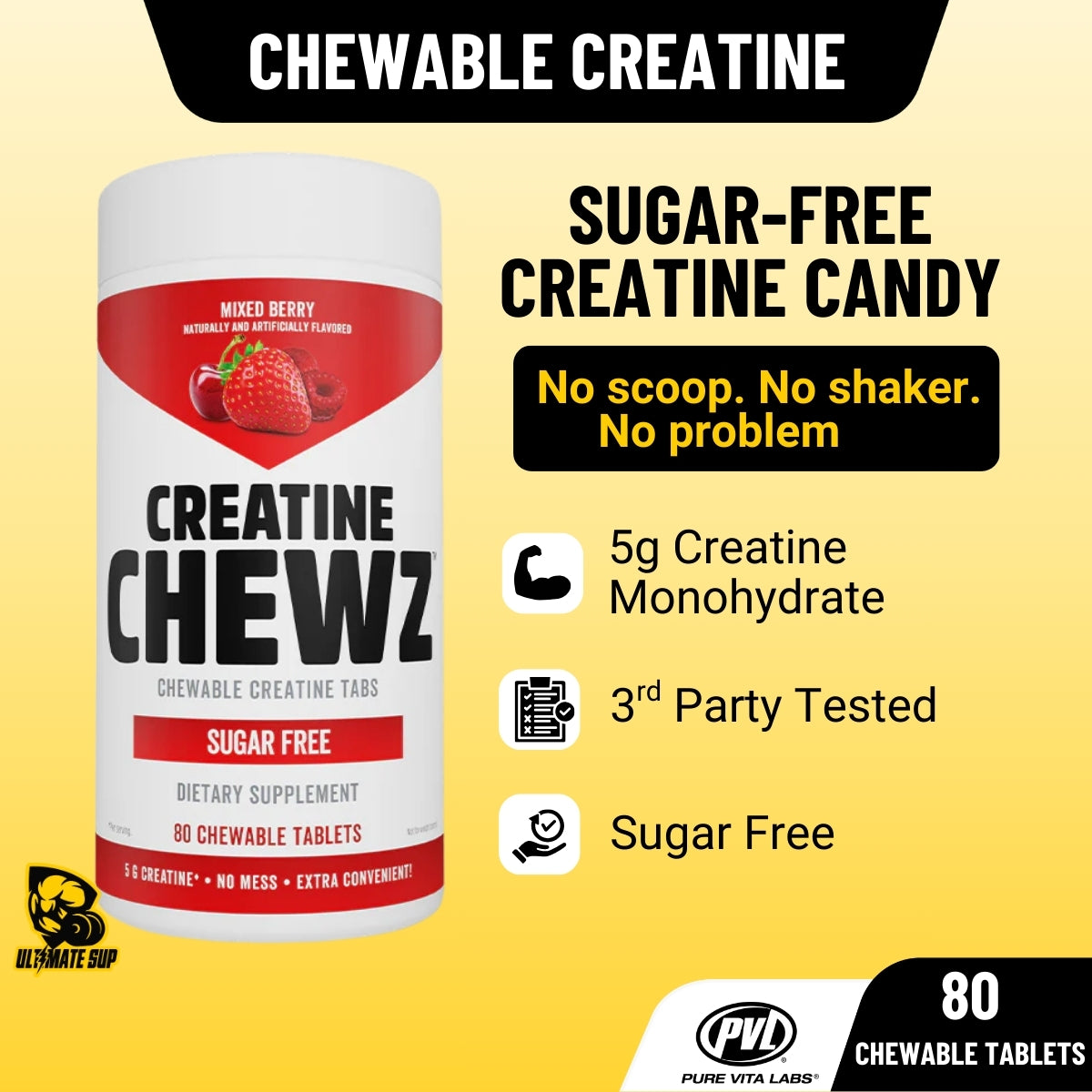 PVL Creatine Chewz, Creatine Monohydrate, Sugar Free, 3rd Party Tested, Animal Free, 80 tablets - Ultimate Sup Singapore
