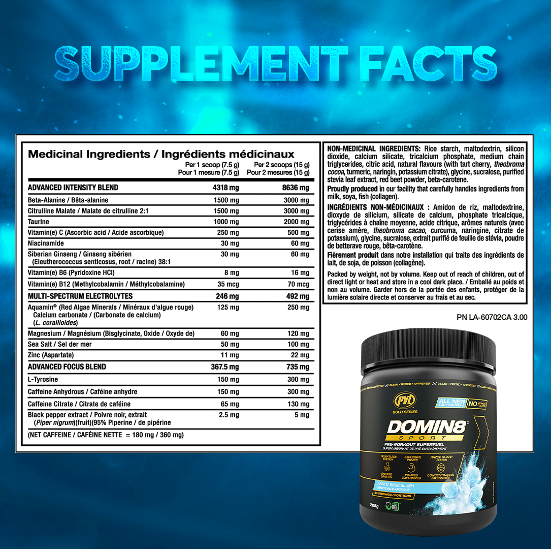 PVL Gold Series, Domin8 Sport, Pre Workout, 225g - Ultimate Sup Singapore