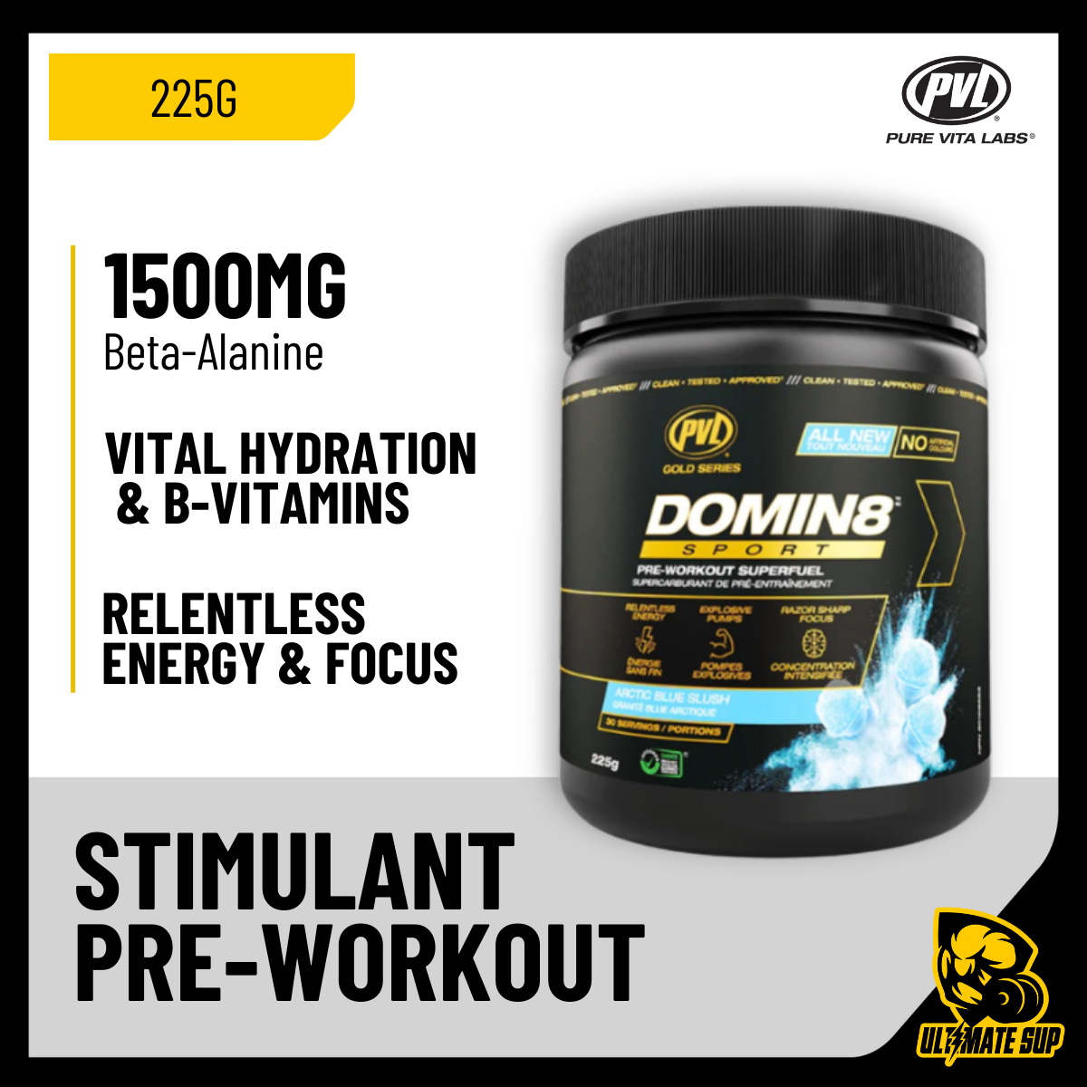 PVL Gold Series, Domin8 Sport, Pre Workout, 225g - Ultimate Sup Singapore
