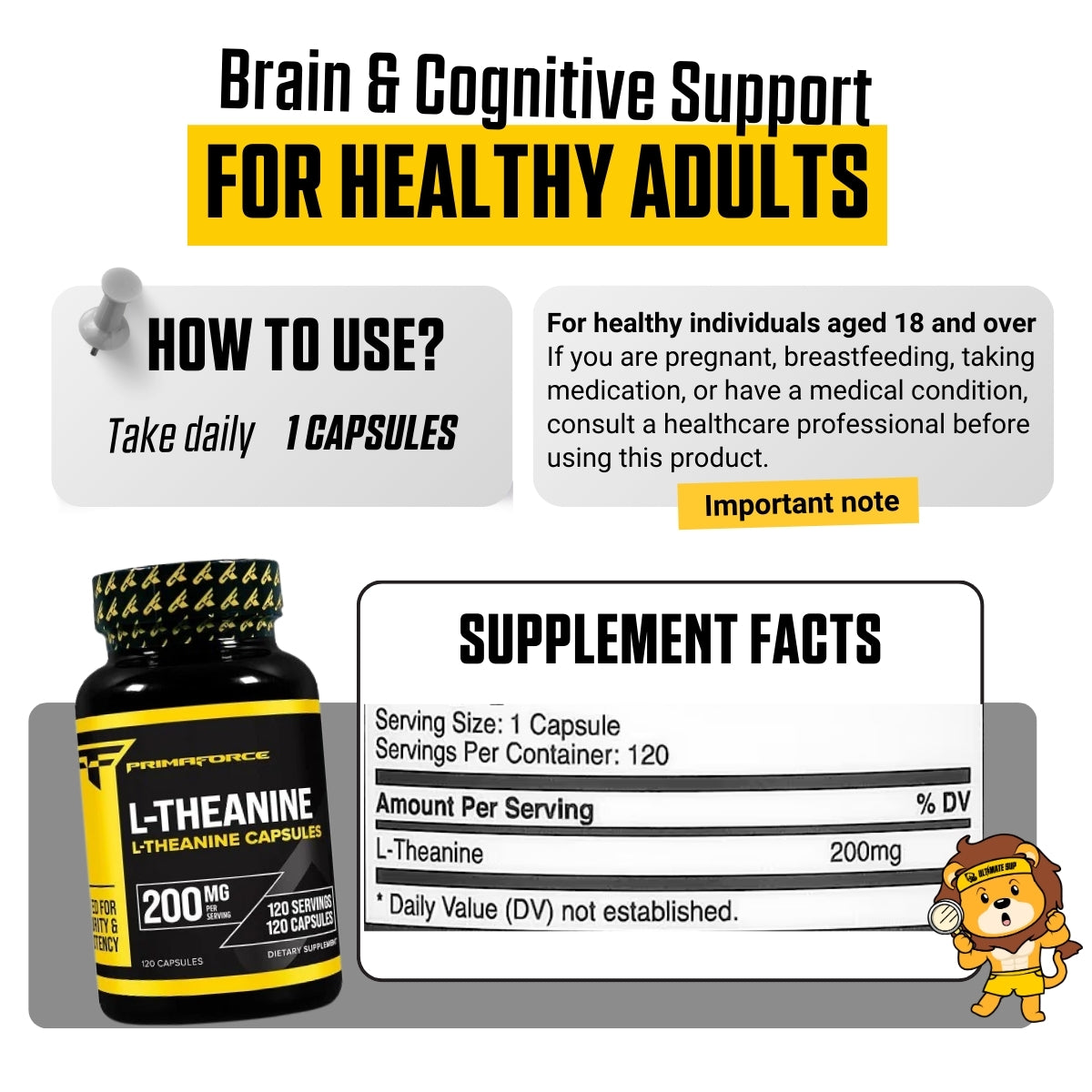 PrimaForce, L-Theanine, Supports Attention, Calm & Sleep Quality, 200mg, 120 Caps - Ultimate Sup Singapore