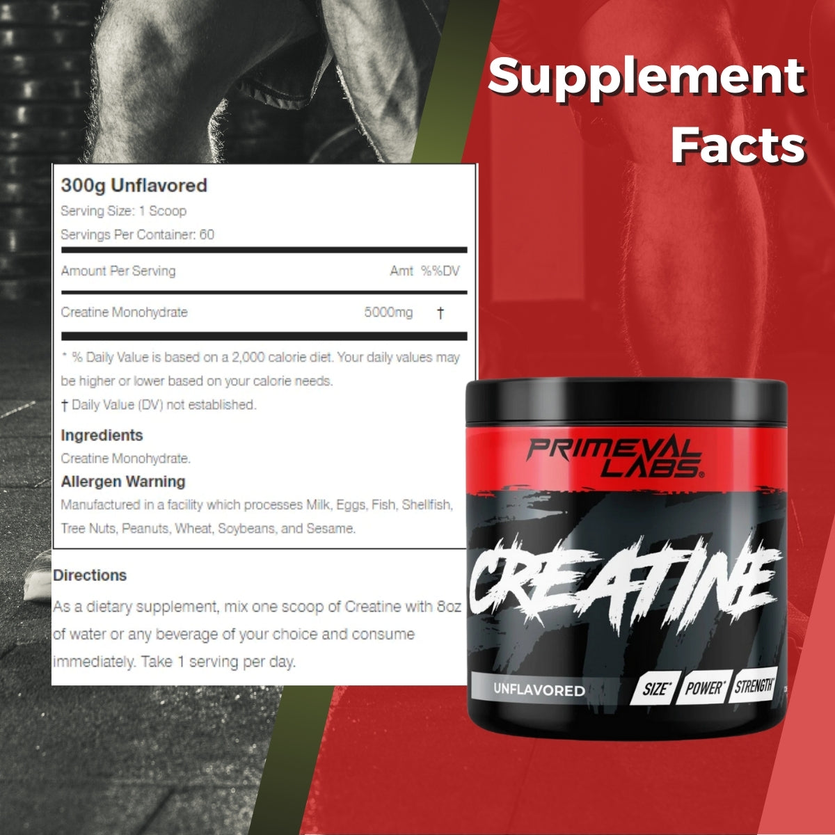 Primeval Labs, Creatine Monohydrate, Build Muscle, Unflavoured, 60 servings, 300g - Ultimate Sup Singapore
