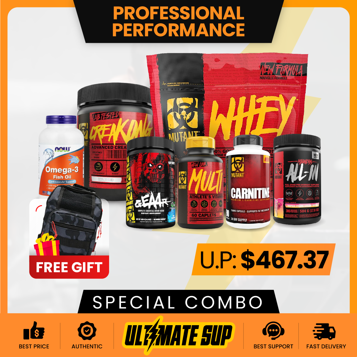 Combo PROFESSIONAL PERFORMANCE, MUT Whey 5lb + CreaKong 300g + Madness 504g + Geaar 378g + Multi 60caps+ Omega 3 500s + MUT Carnitine - Ultimate Sup Singapore