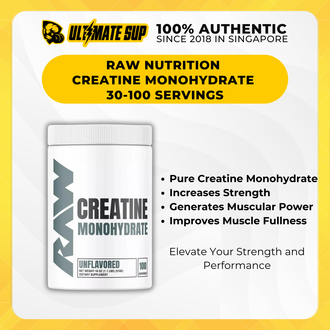 RAW Nutrition Creatine Monohydrate Powder, Build Muscle & Strength, Support Recovery, Unflavored, 30-100 Servings - Ultimate Sup Singapore