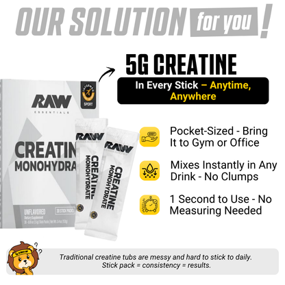 Raw Nutrition, Essentials, Creatine Monohydrate, Unflavored, 30 Stick Packs, 0.18 oz (5.1g) Each - Ultimate Sup Singapore