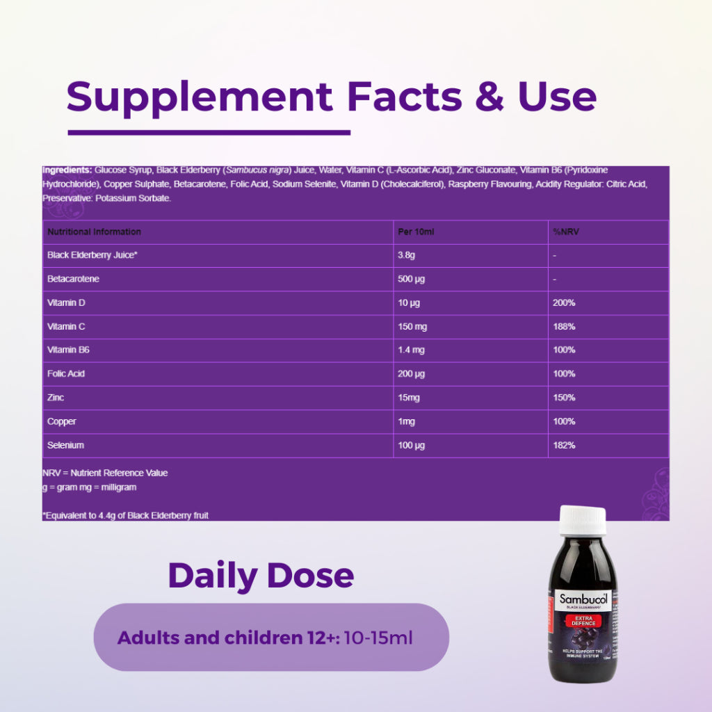 Sambucol Extra Defence Liquid, EXTRA Vitamin C, Zinc, Vitamins & Minerals, 120ml - Ultimate Sup Singapore